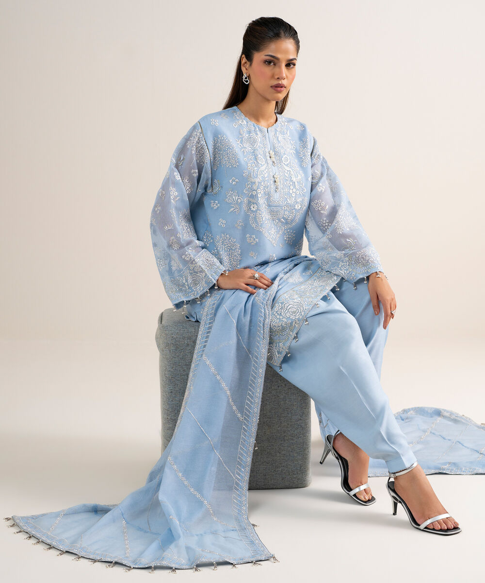 Women's Unstitched Khaddi Net Embroidered Blue