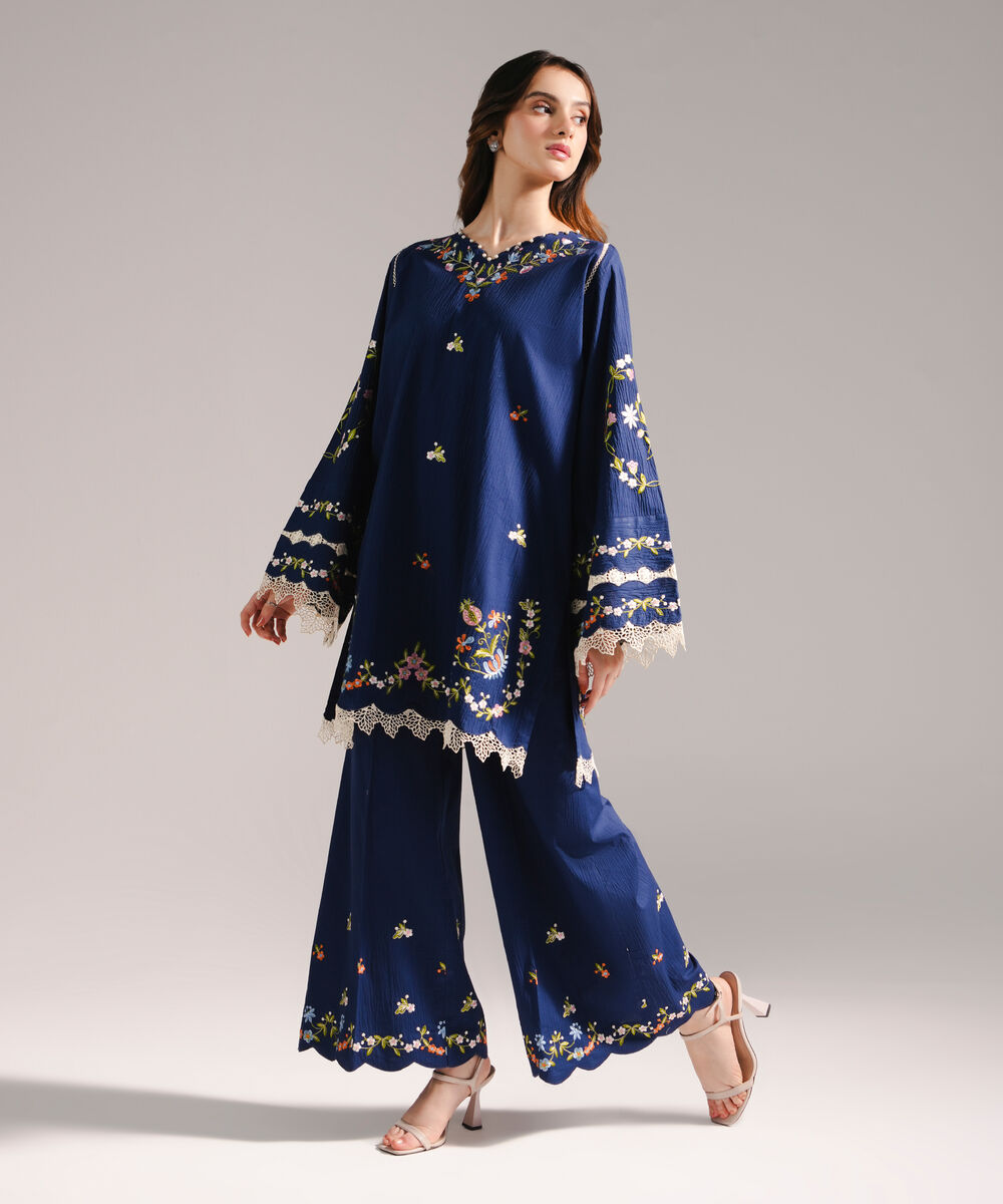 Women's RTW Seersucker Embroidered Drop Shoulder Dark Blue Shirt