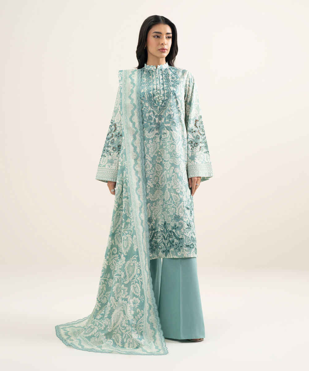 Women's Unstitched Lawn Embroidered Blue & White 3 Piece Suit