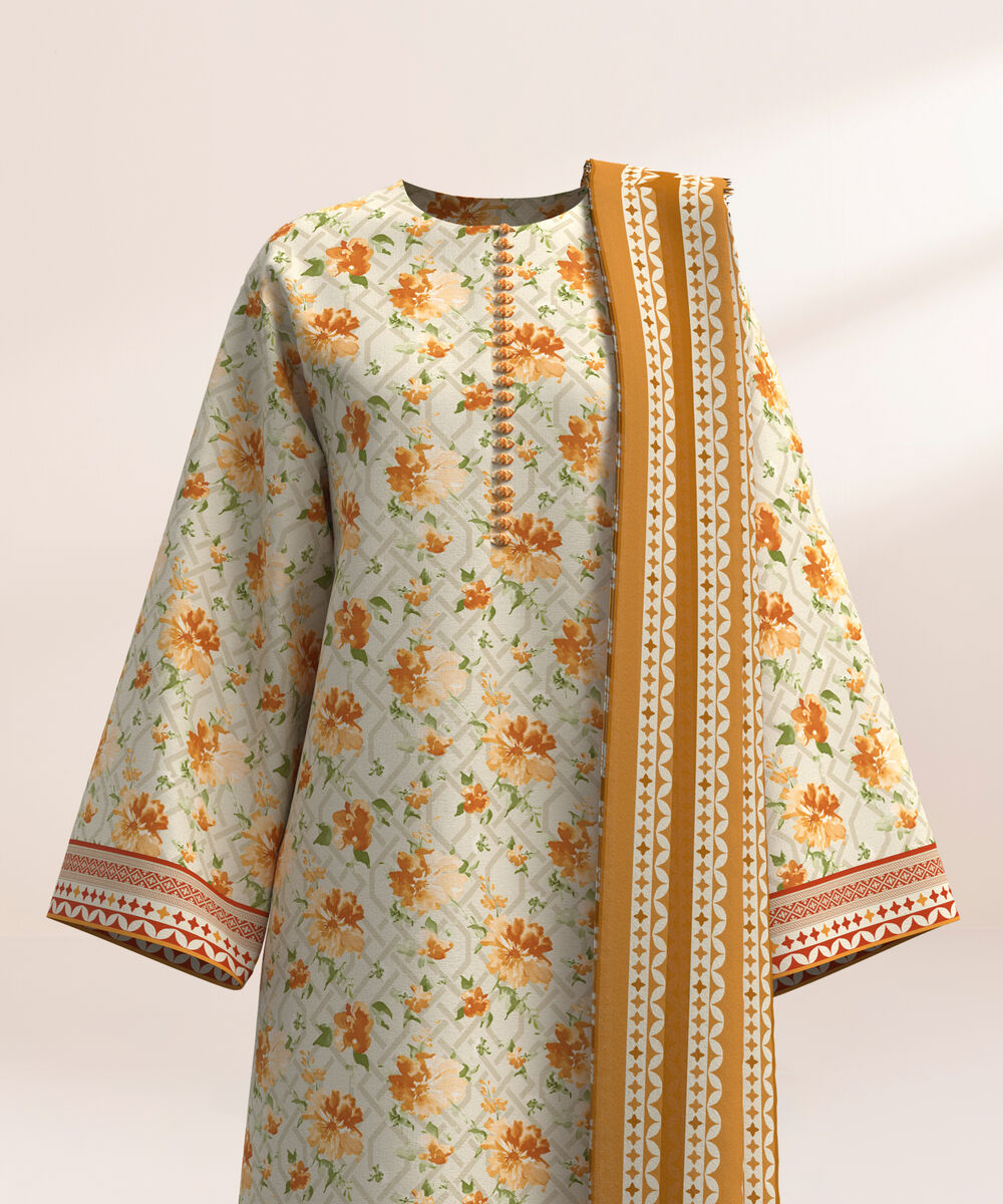 Women's Three Piece Printed Beige Lawn Suit