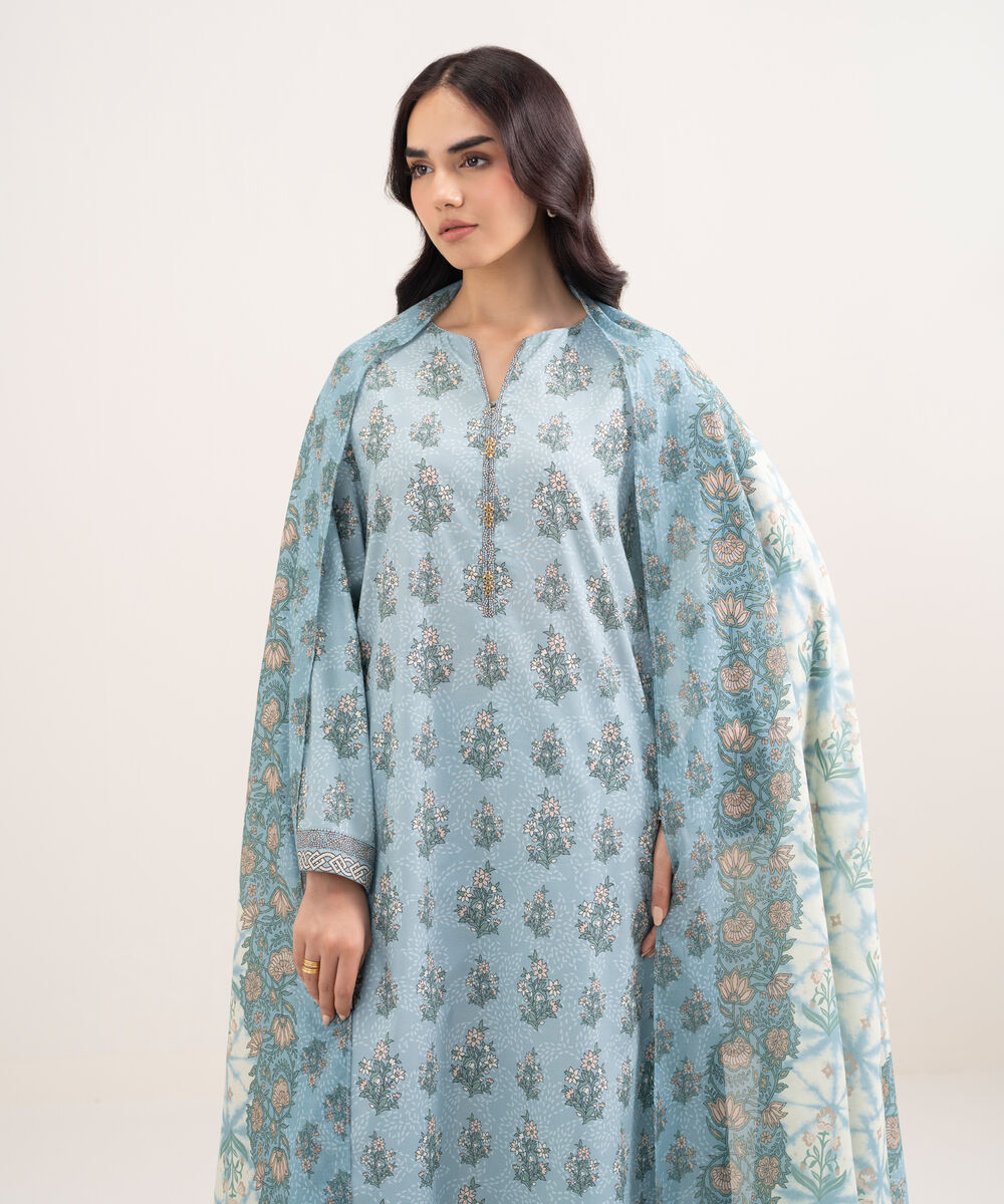 Women's Unstitched Lawn Printed Blue 3 Piece Suit