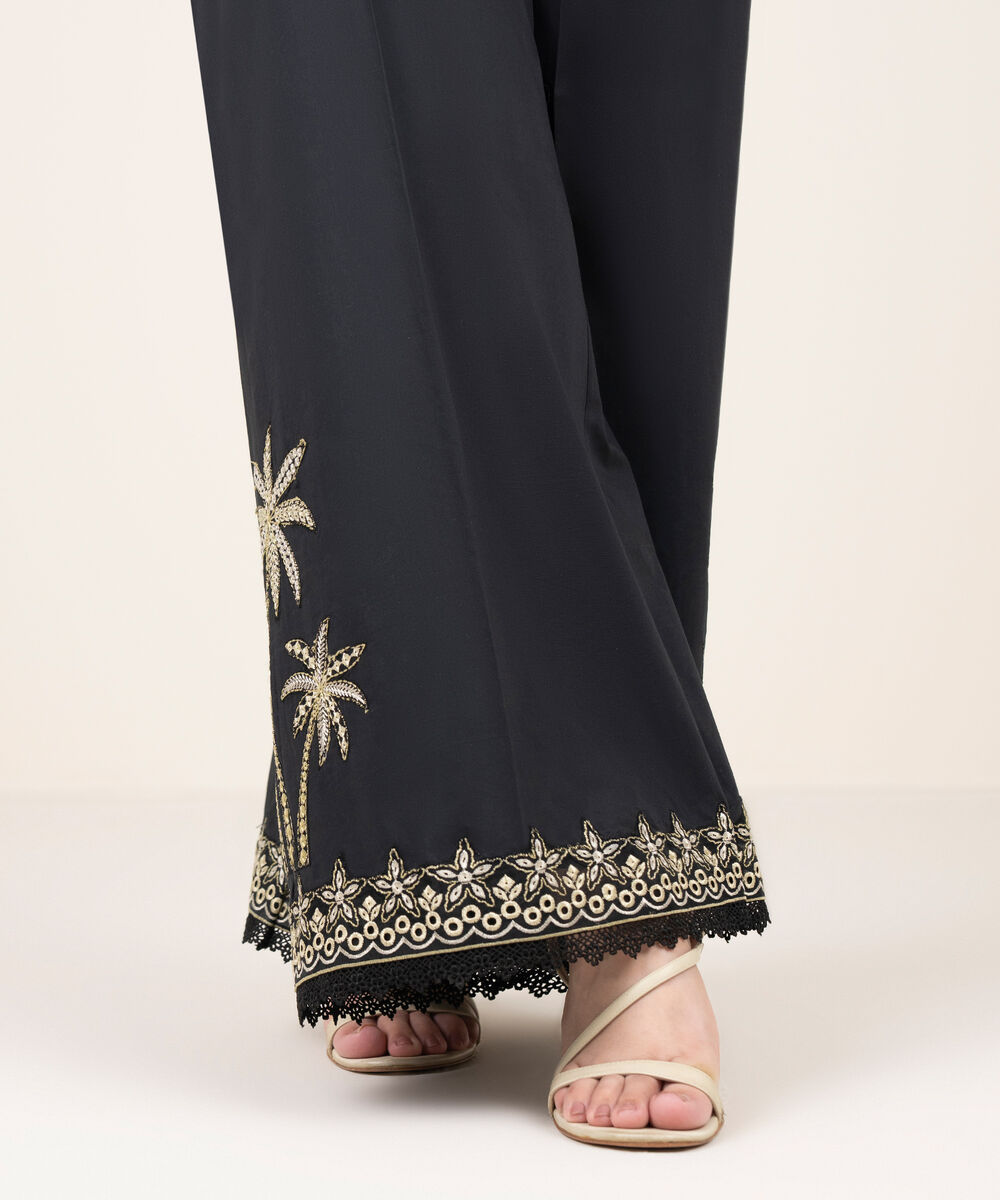Women's RTW Cotton Embroidered Black Flared Pants