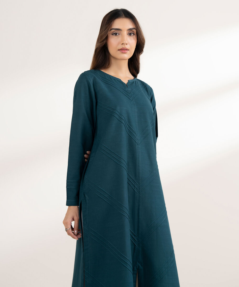 Women's RTW Khaddar Solid Straight Blue Shirt