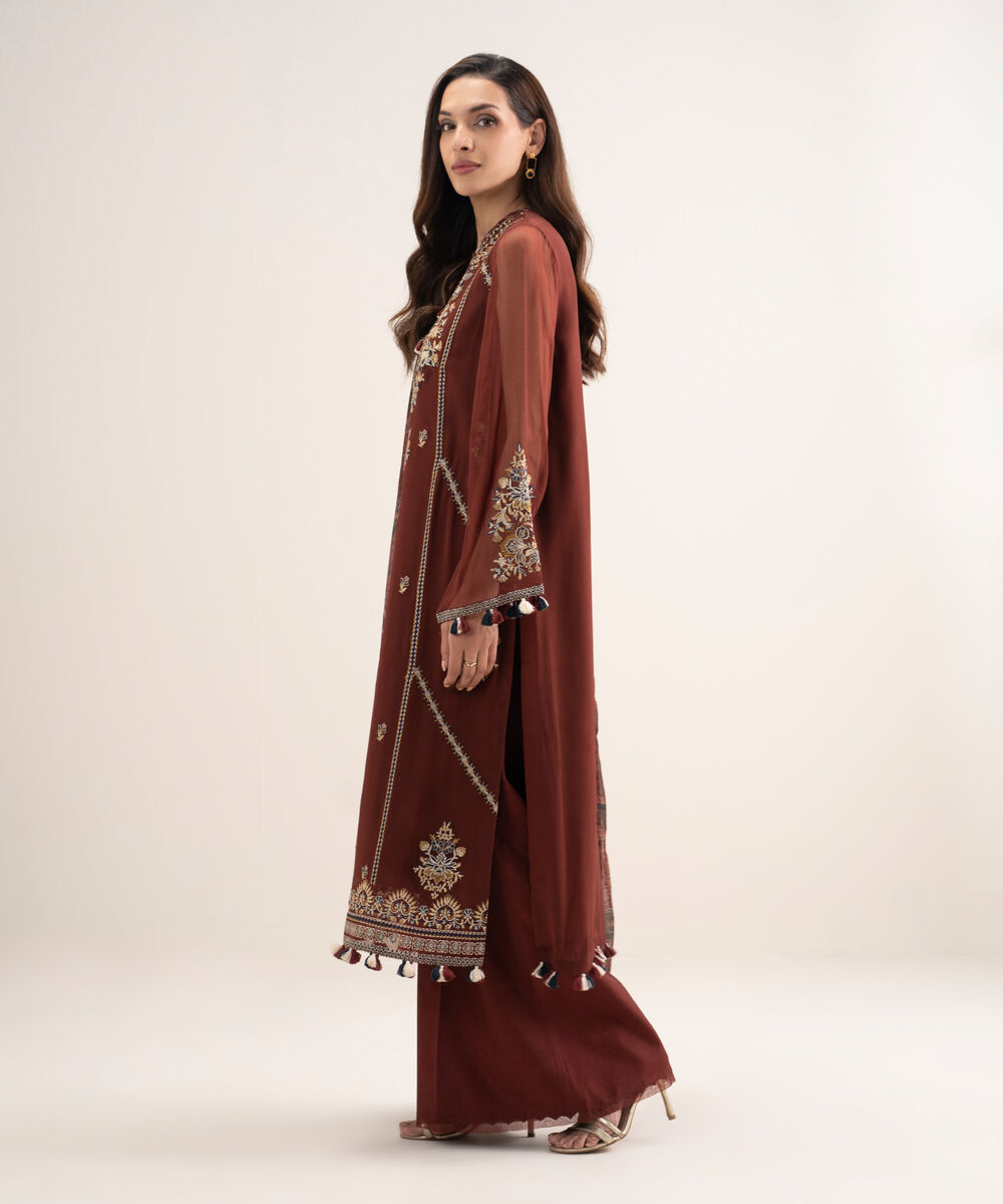 Women's Unstitched Blended Chiffon Embroidered Red 3 Piece Suit