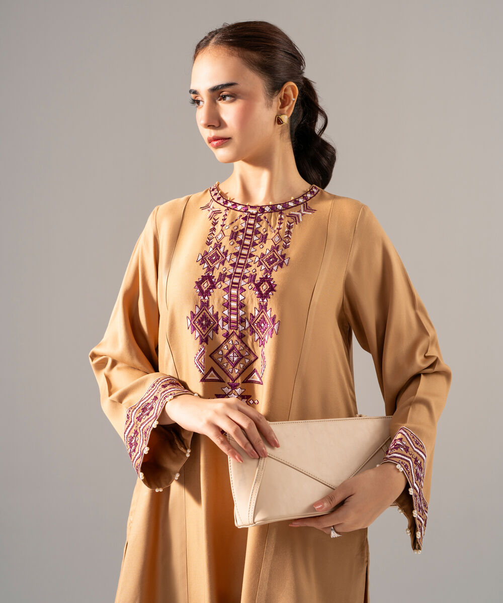 Women's RTW Bedford Solid Embroidered Dark Beige Drop Shoulder Shirt