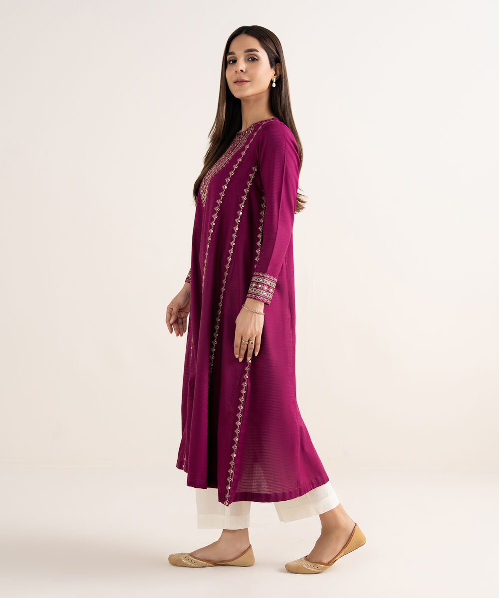 Women's RTW Textured Cotton Crimson Embroidered A-Line Shirt