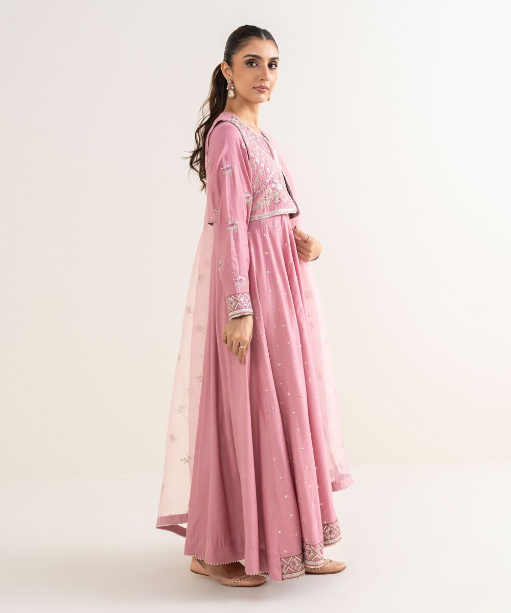 Women's RTW Viscose Raw Silk Pink Embroidered 2 Piece Suit