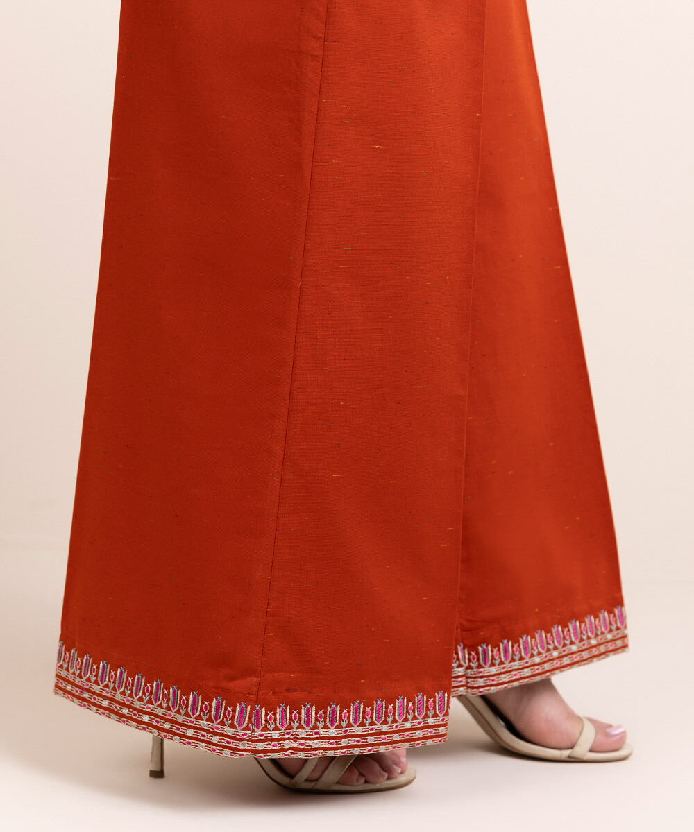 Women's Pret Multineps Orange Embroidered Flared Pants