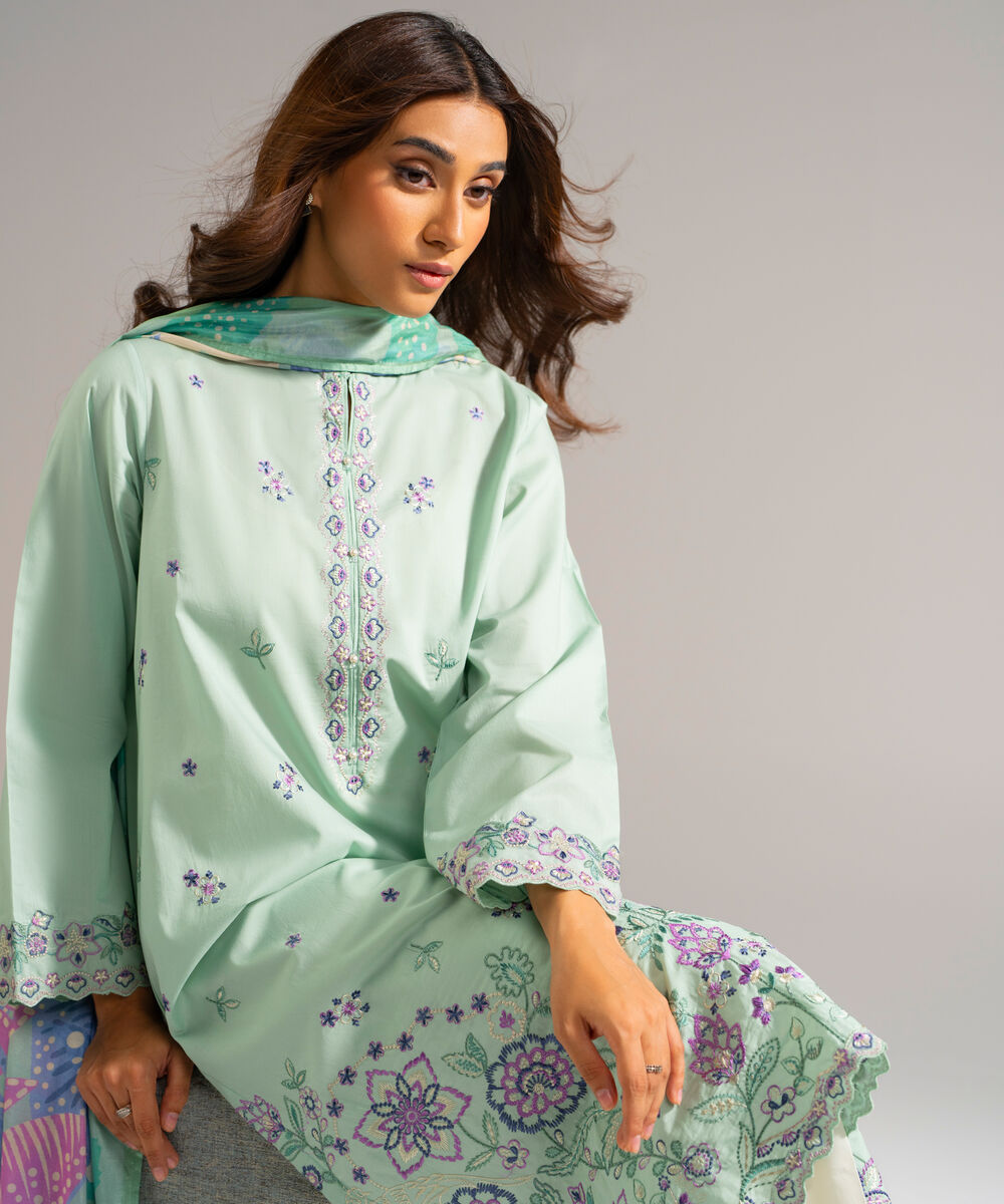 Women's RTW Lawn Embroidered Green 2 Piece Suit