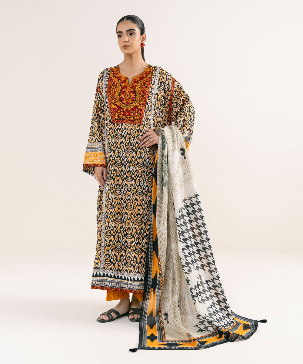 Women's RTW Lawn Beige Embroidered 3 Piece Suit