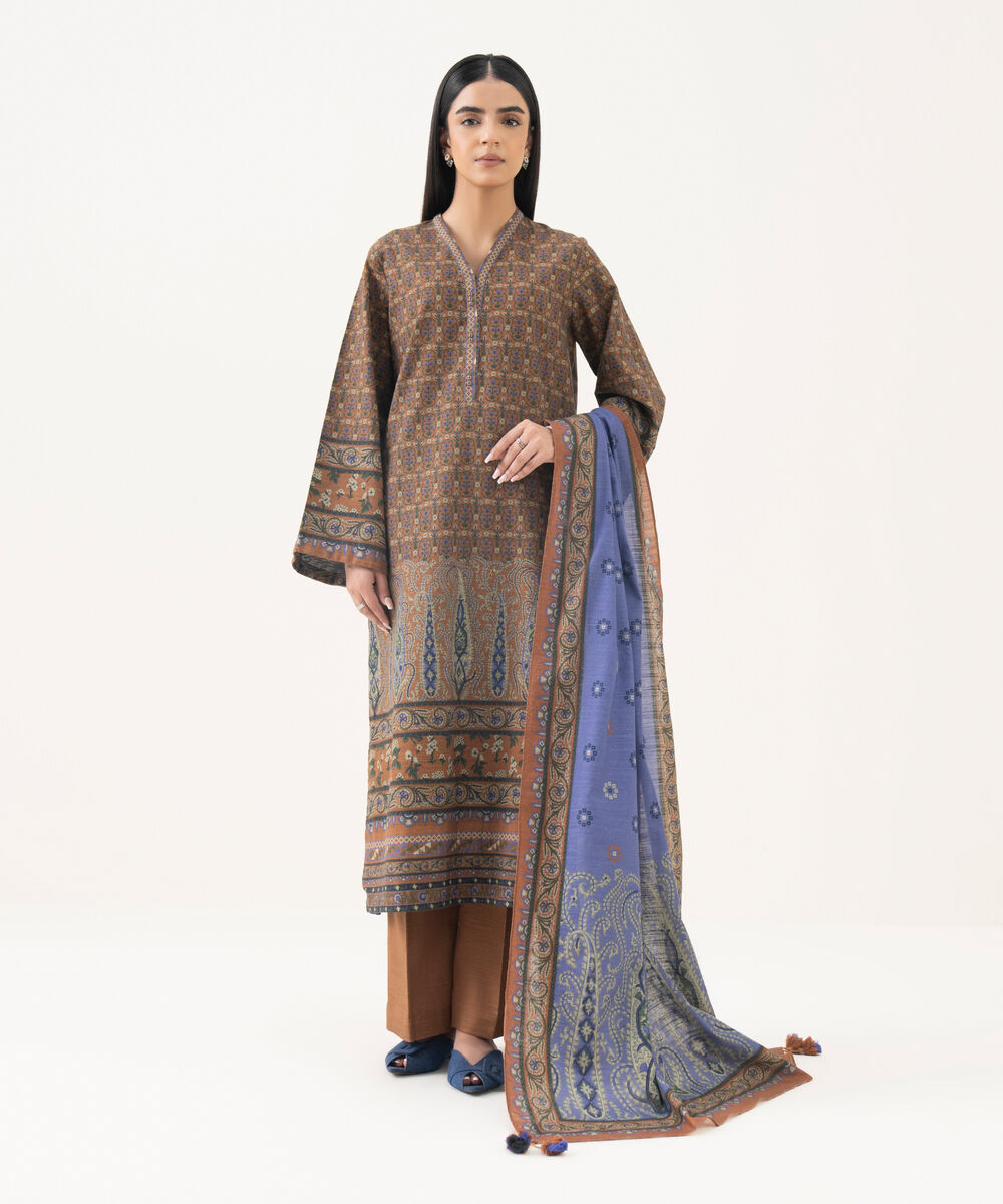 Women's Unstitched Khaddar Embroidered Brown 3 Piece Suit