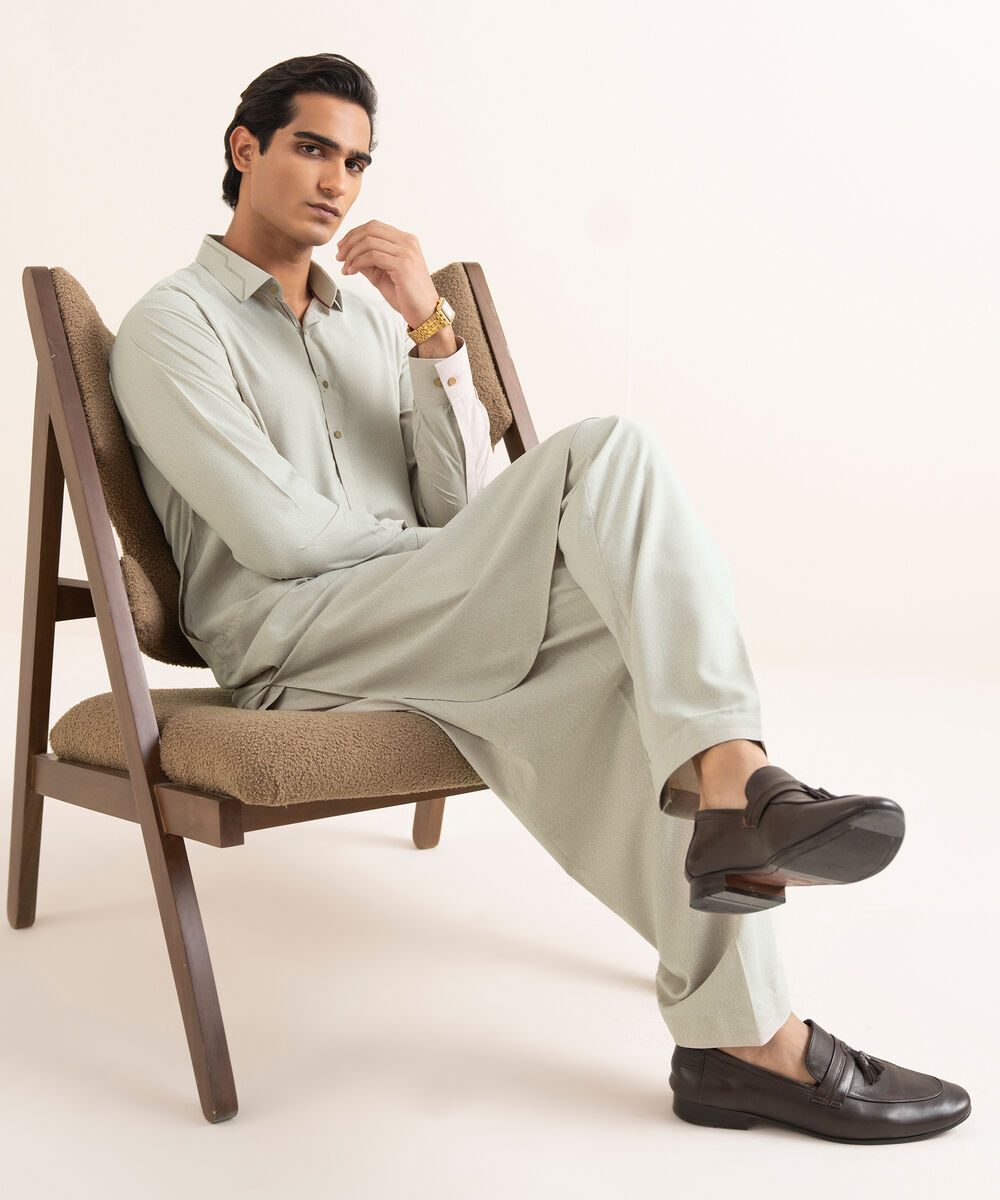 Men's Stitched Textured Wash & Wear Beige Suit