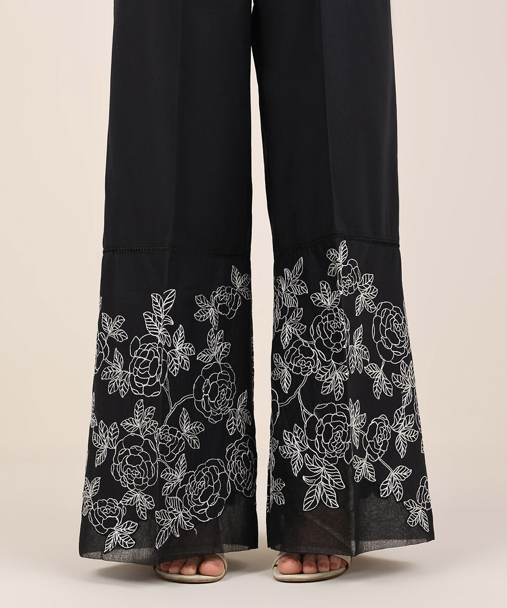 Women's RTW Cambric Black Embroidered Flared Pants