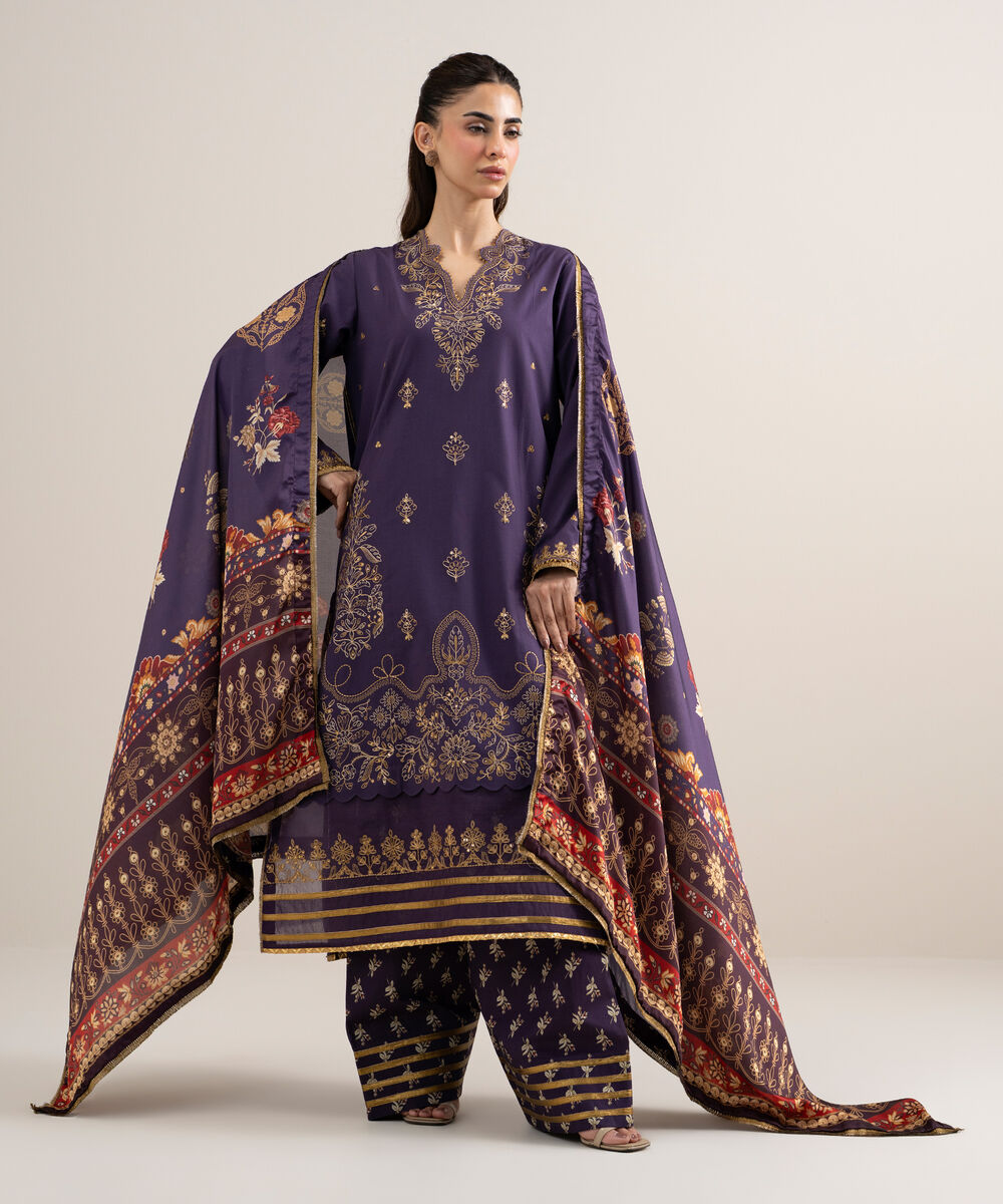 Women's Unstitched Dobby Embroidered Purple 3 Piece Suit