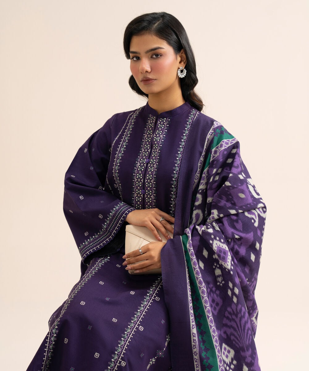 Women's Unstitched Light Khaddar Embroidered Purple 3 Piece Suit