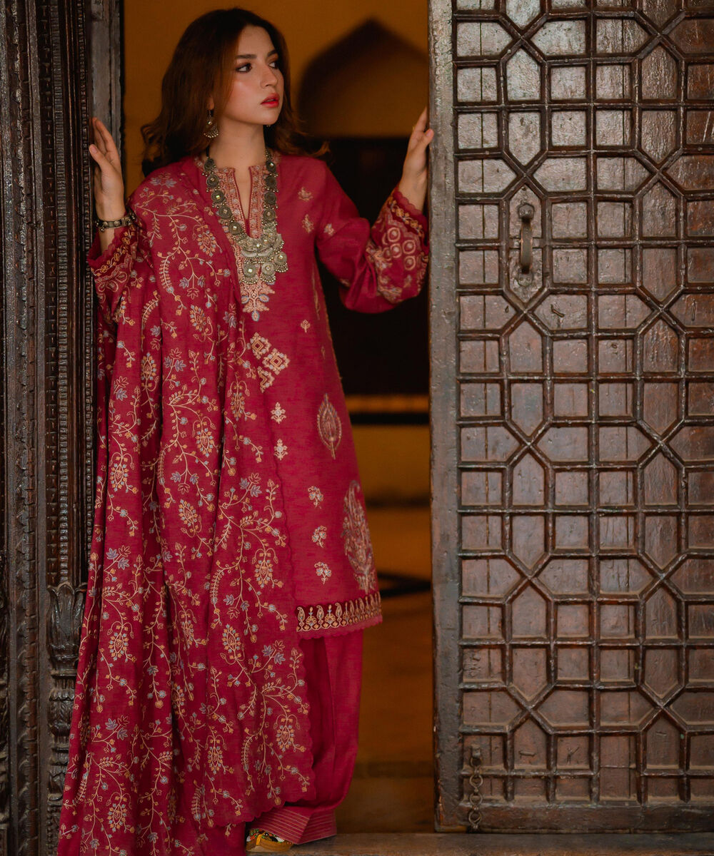 Women's Unstitched Viscose Karandi Embroidered Pink 3 Piece Suit