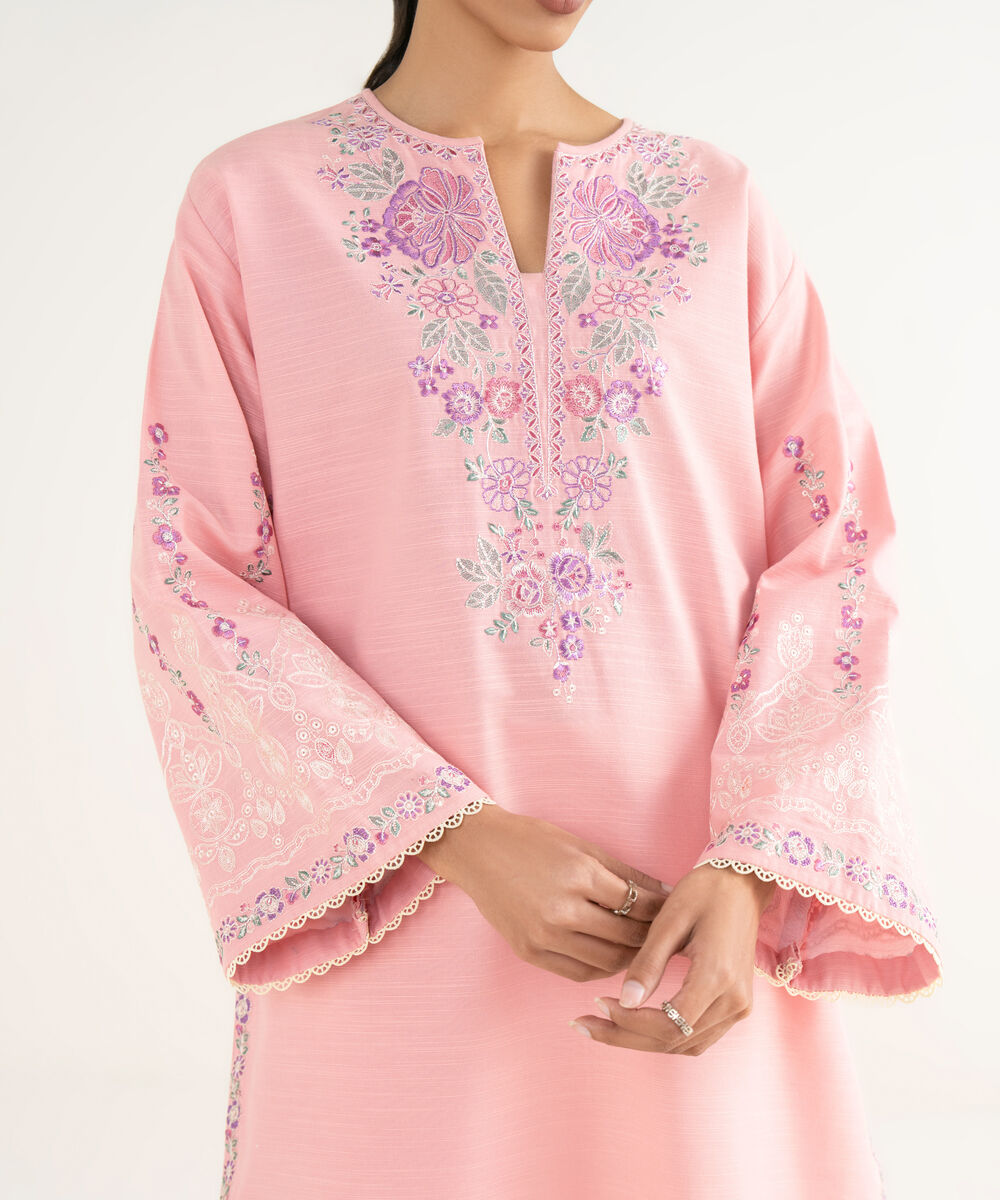 Women's Unstitched Khaddar Embroidered Pink 3 Piece Suit
