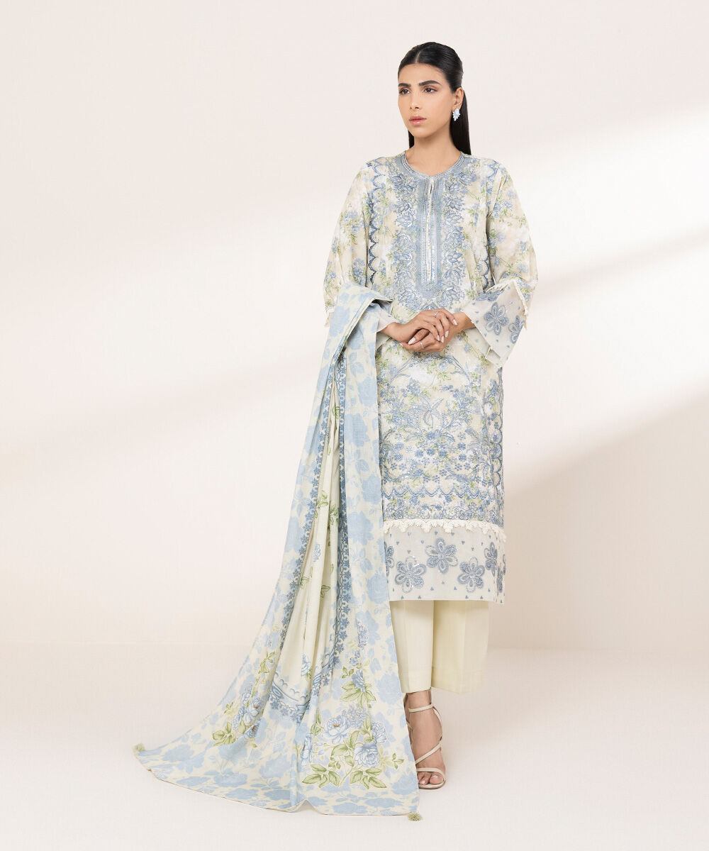 Women's RTW Zari Lawn Blue Embroidered A-Line Shirt