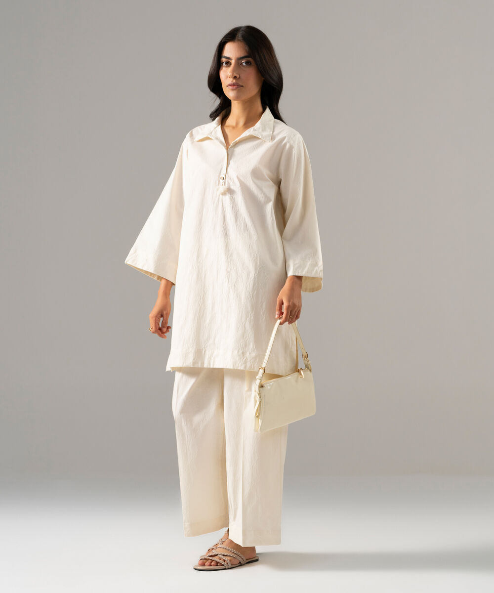 Women's RTW Textured Cotton Solid White 2 Piece Suit