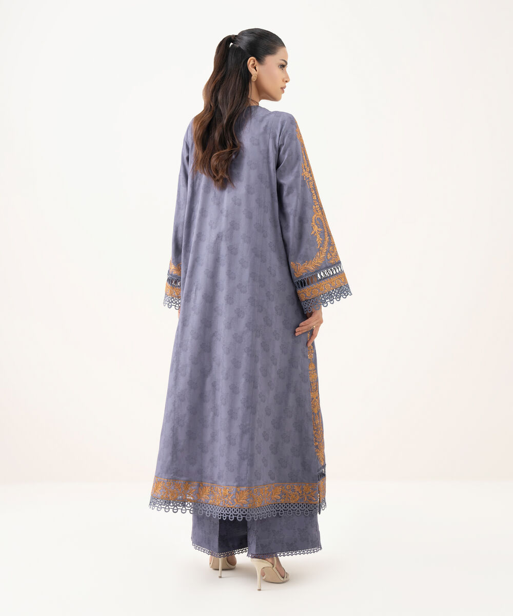 Women's RTW Cotton Jacquard Purple Embroidered A-Line Shirt