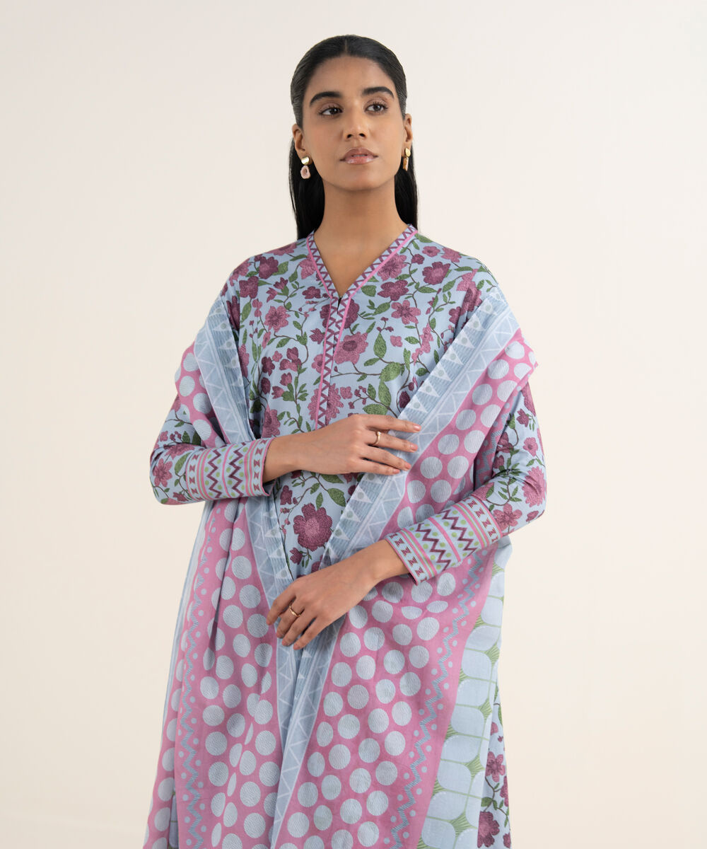 Women's Unstitched Lawn Printed Blue 3 Piece Suit