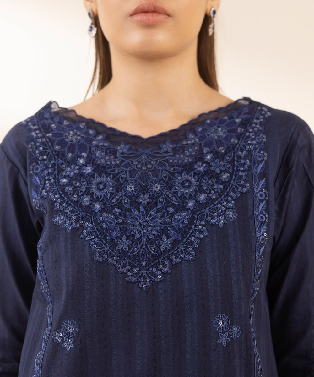 Unstitched Women's Blue Dobby Embroidered 3 Piece Suit