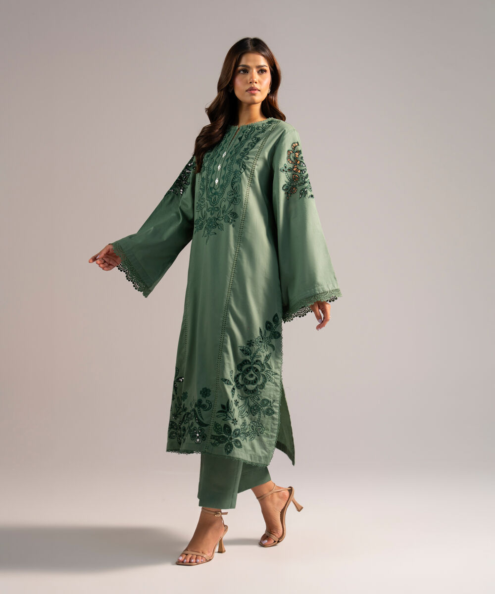 Women's RTW Dobby Embroidered Green 2 Piece Suit