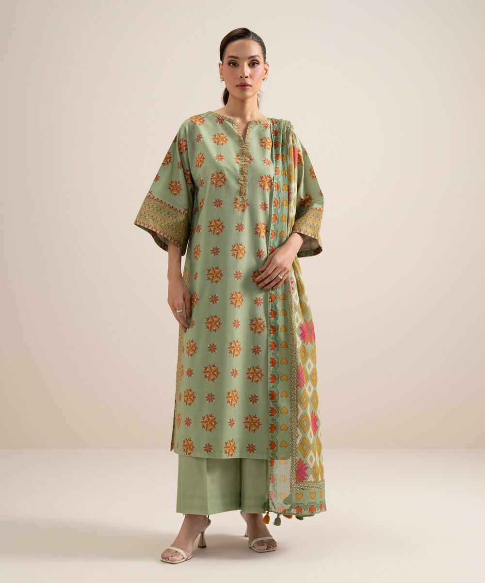 Women's Unstitched Lawn Printed Sage Green 3 Piece Suit