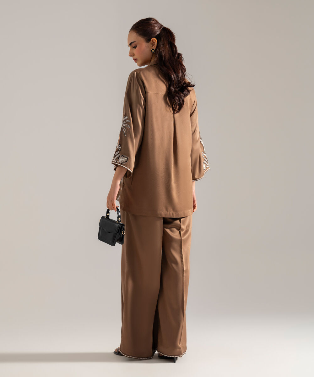 Women's RTW Solid Embroidered Dark Beige Bedford Shirt