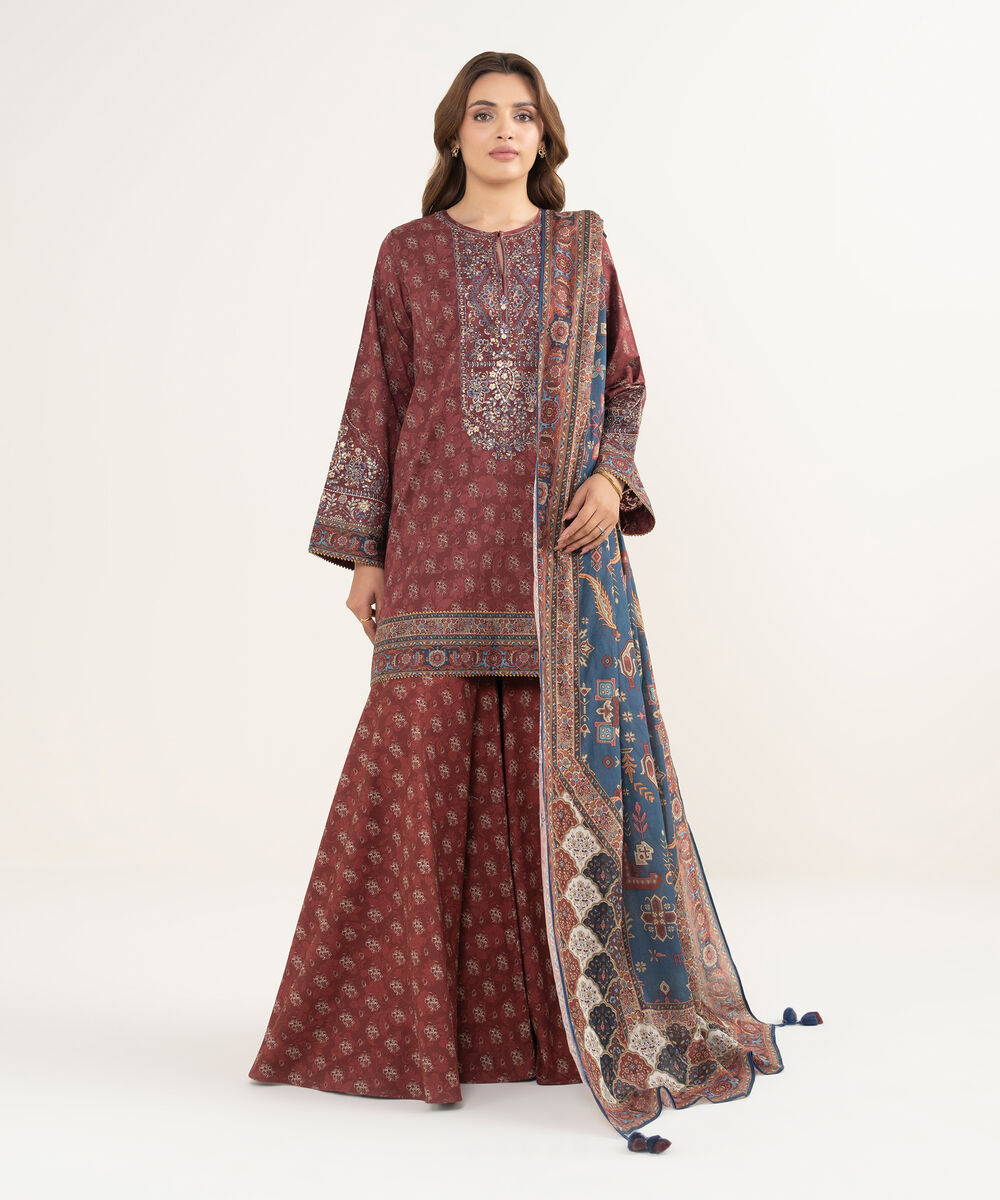 Women's Unstitched Lawn Embroidered Red 3 Piece Suit