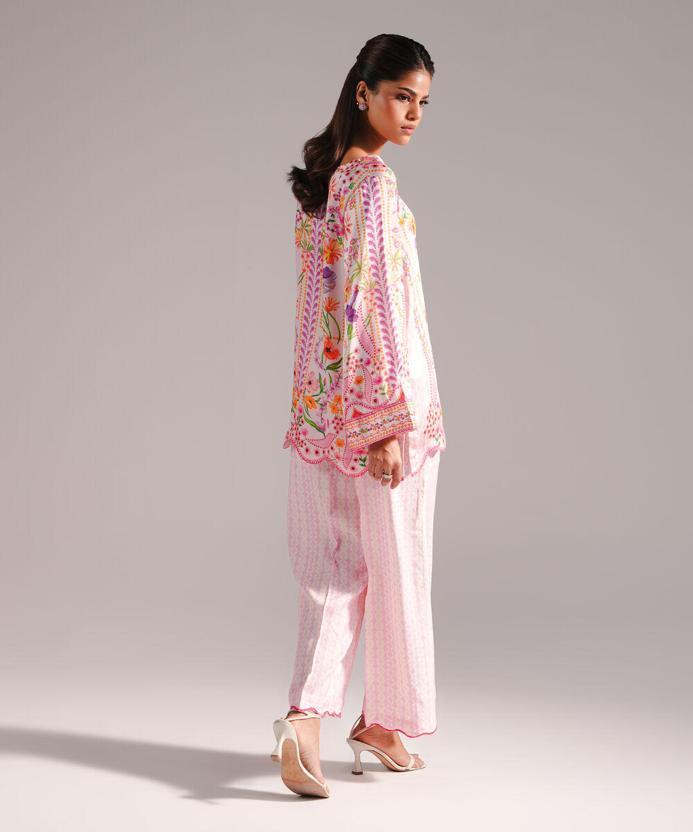 Women's RTW Blended Satin Printed Pink 2 Piece Suit