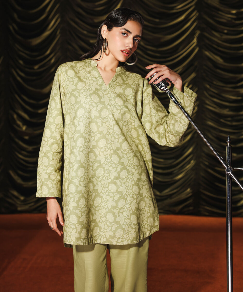 Women's RTW Khaddar Printed Green 3 Piece Suit