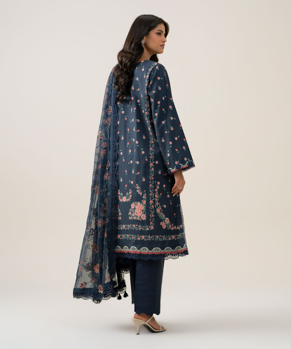 Women's Unstitched Blended Chiffon Printed Navy Blue 3 Piece Suit