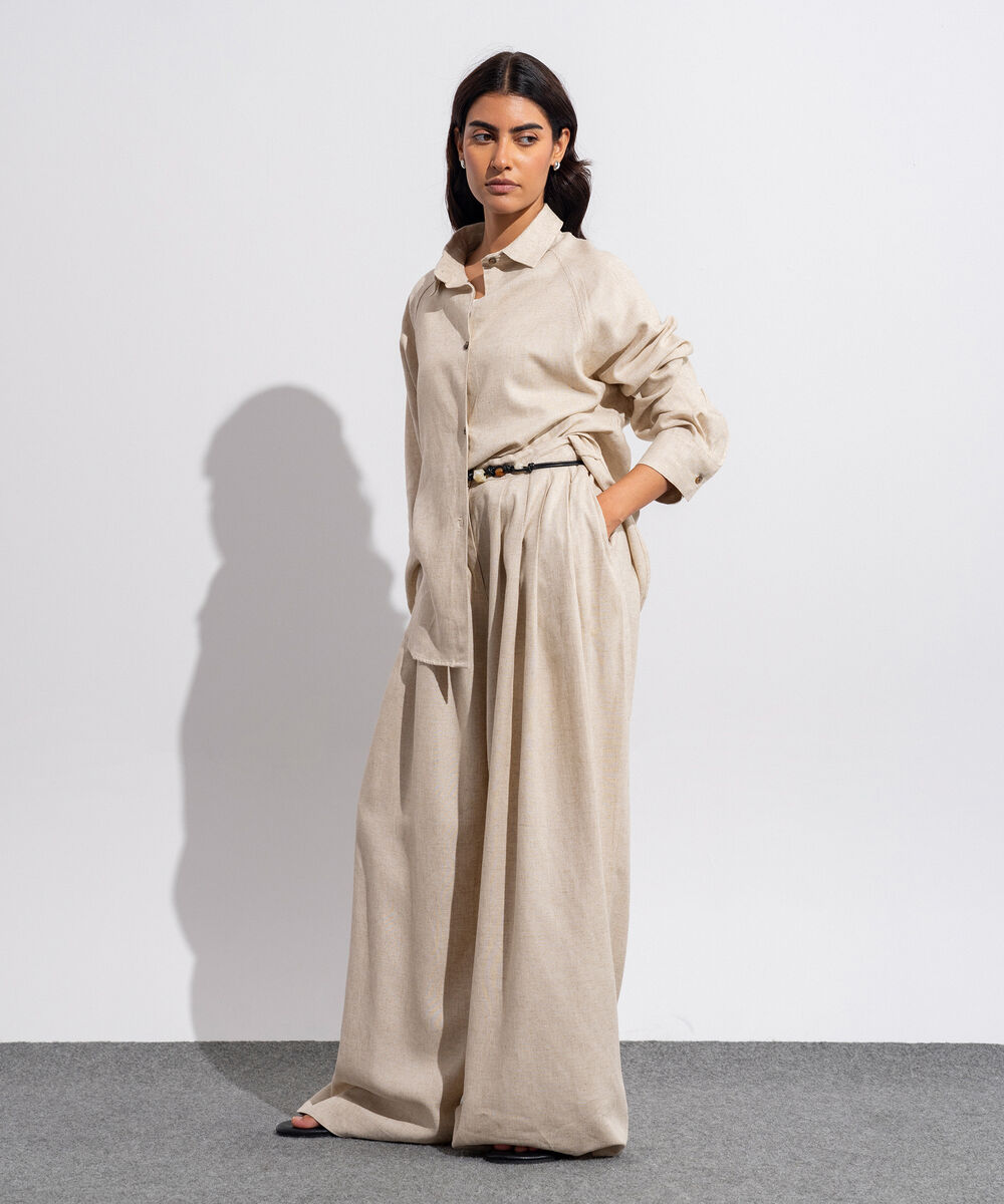 Women's Western Wear Beige Linen Blend Pull On Trousers