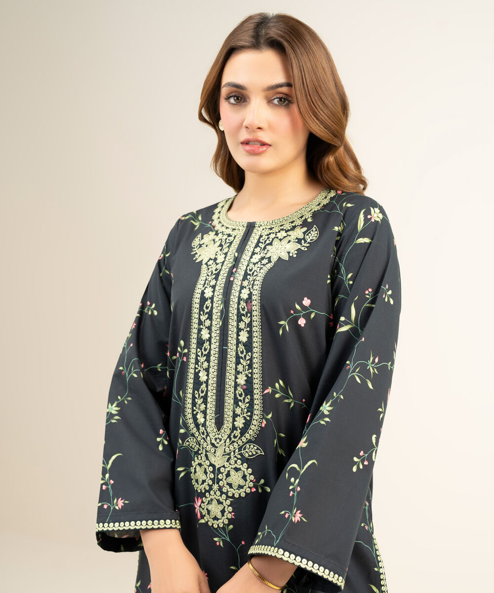 Women's Unstitched Lawn Embroidered Black   2 Piece Suit