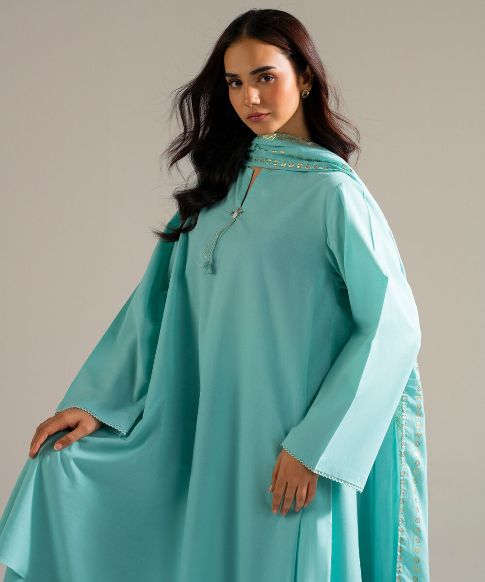 Women's RTW Slub Lawn Solid Blue 3 Piece Suit