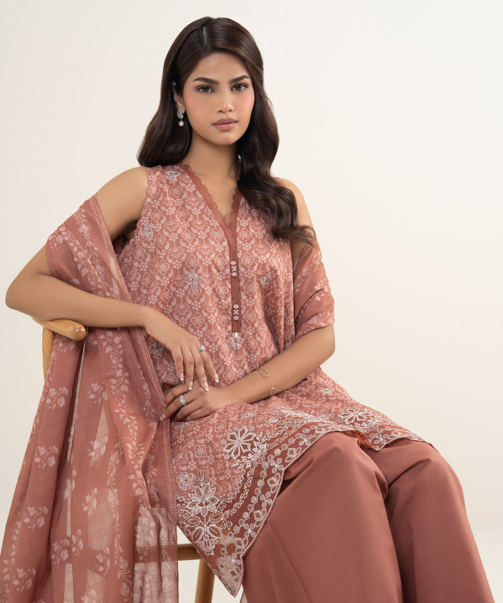 Women's Unstitched Lawn Embroidered Pink 3 Piece Suit
