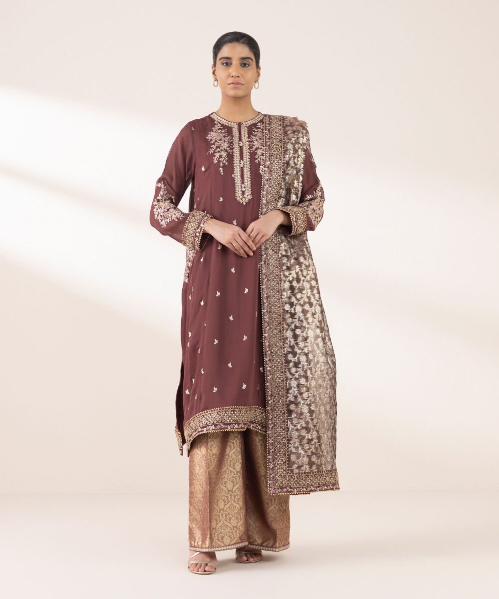 Women's RTW Georgette Chiffon Brown Embroidered Three Piece Suit