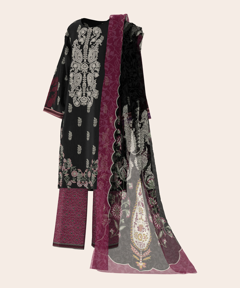 Women's Unstitched Lawn Black  Embroidered 3 Piece Suit