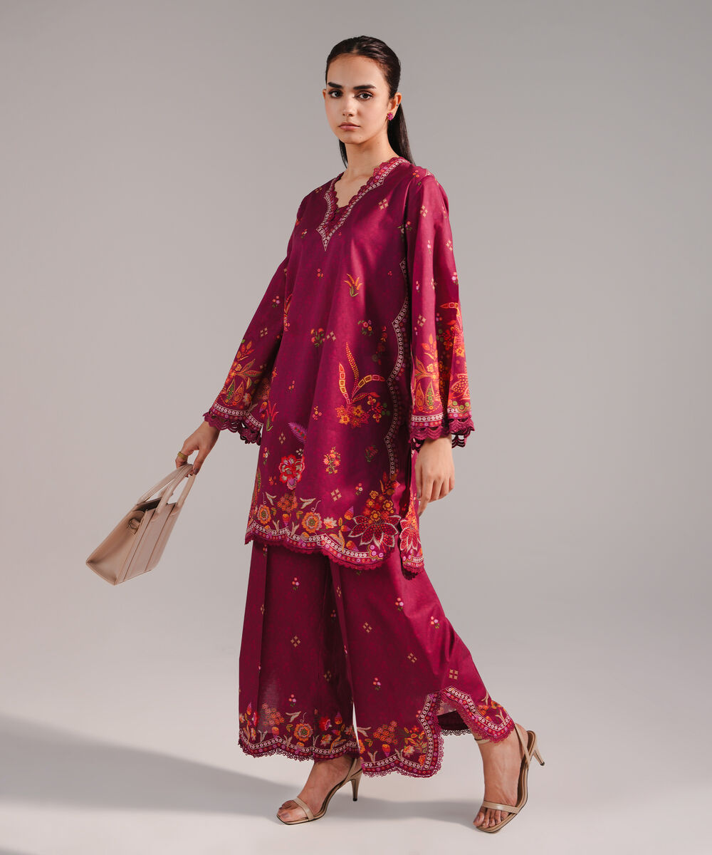Women's RTW Lawn Printed Plum 2 Piece Suit
