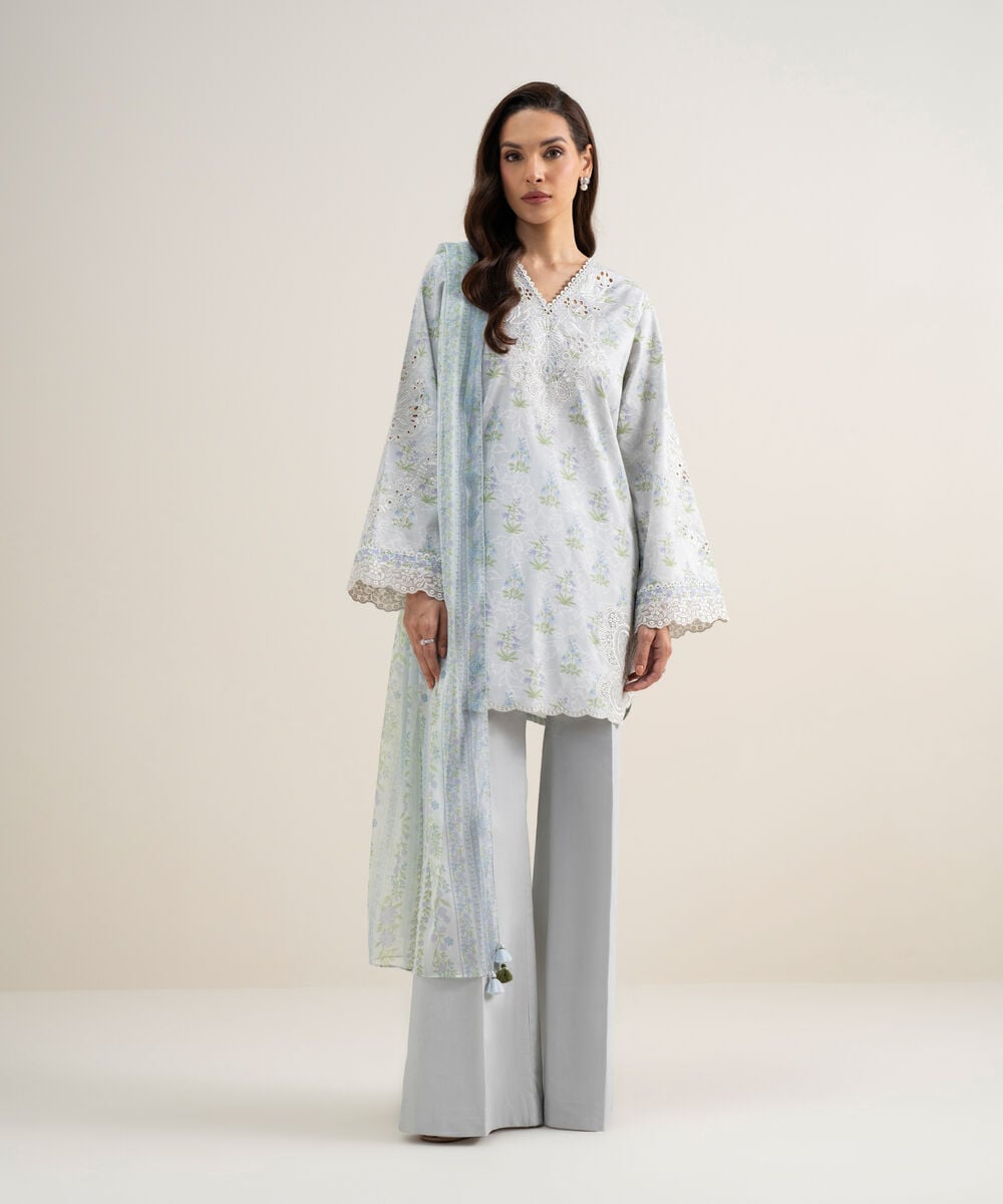 Women's Unstitched Lawn Embroidered Light Grey 3 Piece Suit