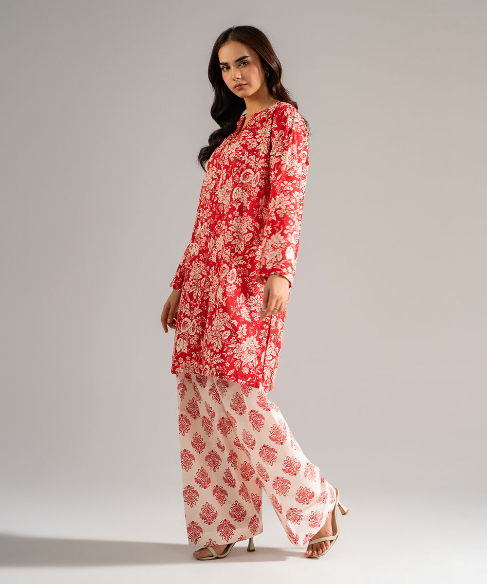 Women's RTW Lawn Printed Red Straight Shirt