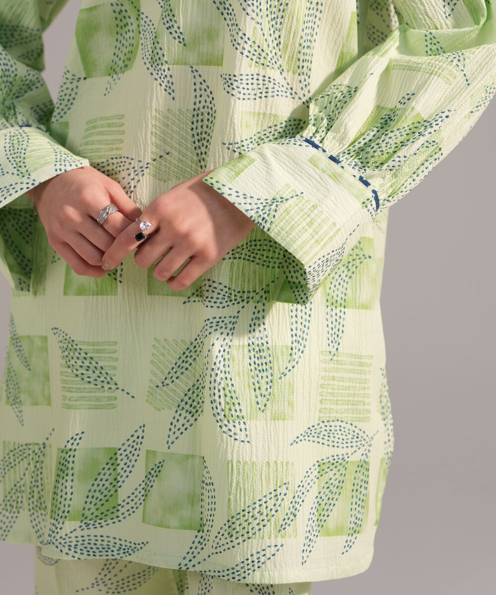 Women's RTW Seersucker Printed Green Straight Shirt