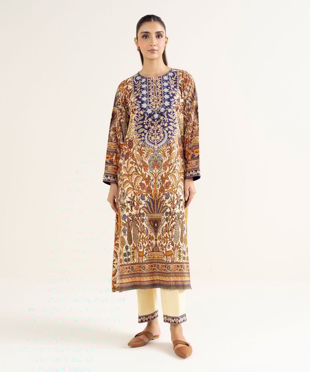 Women's RTW Linen Viscose Embroidered Beige A-Line Shirt