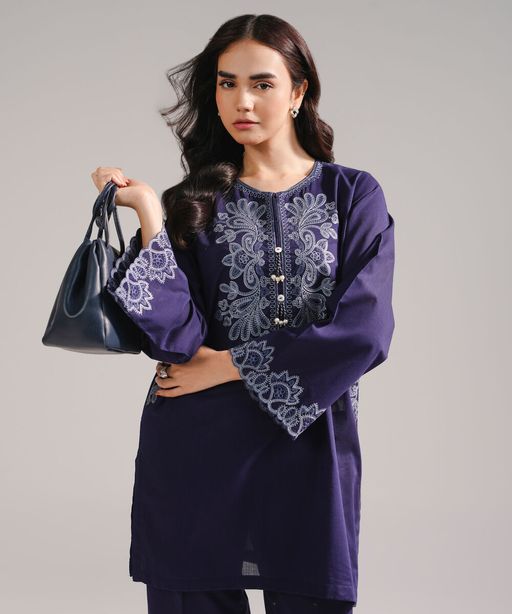 Women's RTW Cross Hatch Embroidered Dark Blue Straight Shirt