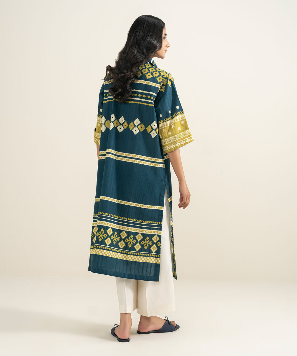 Women's RTW Textured Cotton Printed Blue A-Line Shirt