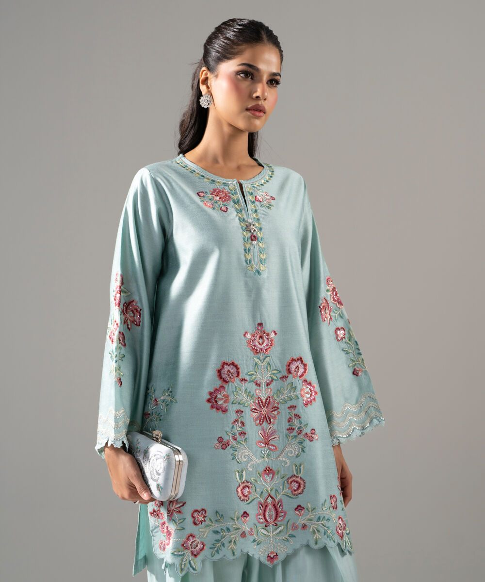 Women's RTW Cotton Net Solid Embroidered Blue 2 Piece Suit