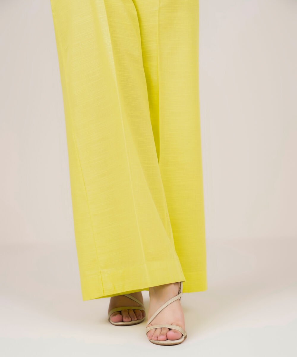 Women's RTW Khaddar Solid Lime Green Flared Pants