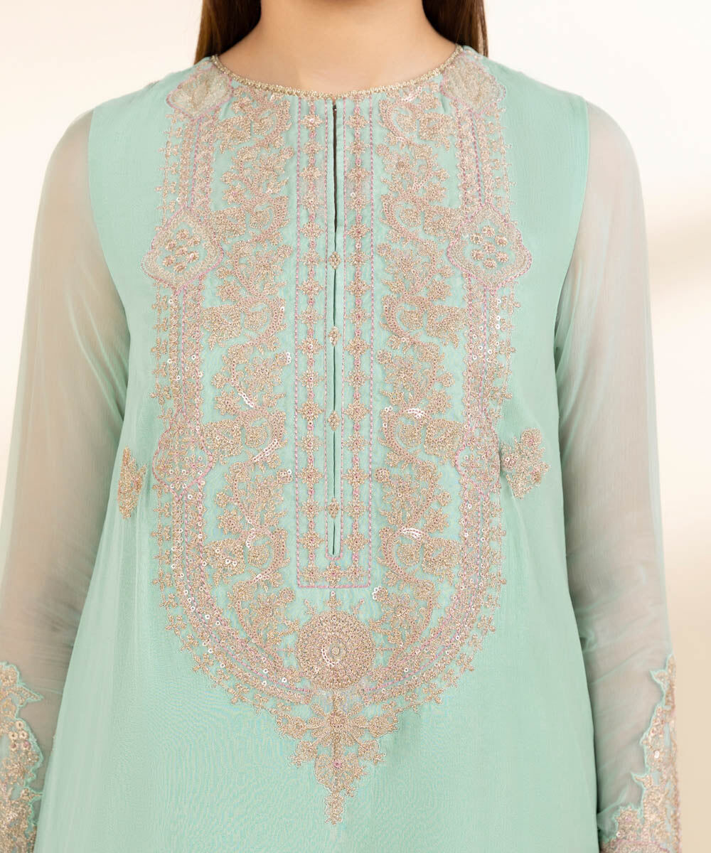 Woman - Blue 3 Piece - Embroidered Chiffon Suit