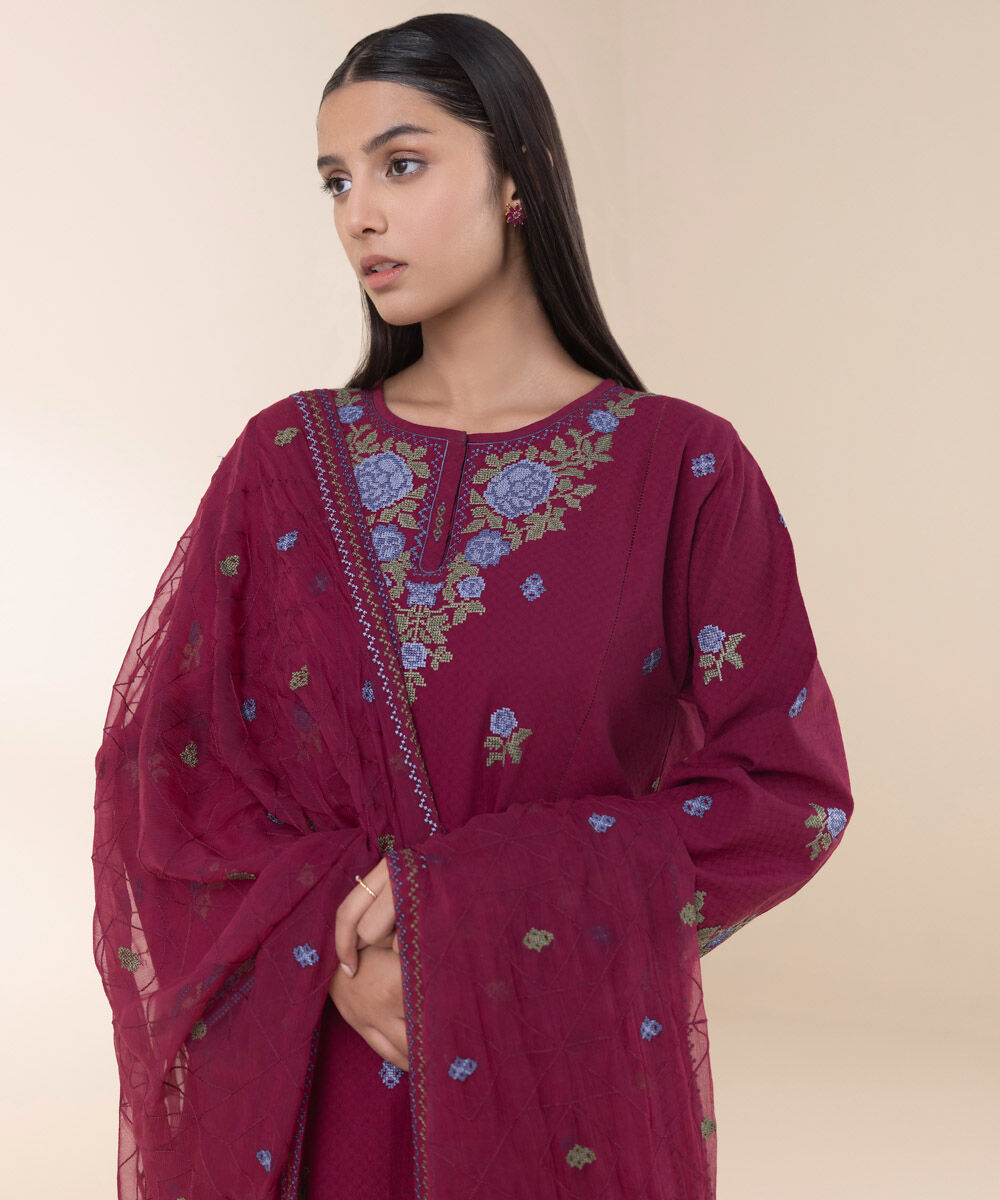 Women's Unstitched Red Dobby 3 Piece Suit